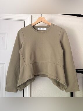 PROENZA SCHOULER Olive khaki terry cotton knit boxy cropped crew neck sweater